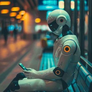 Robot sitting on bench using smartphone in station.