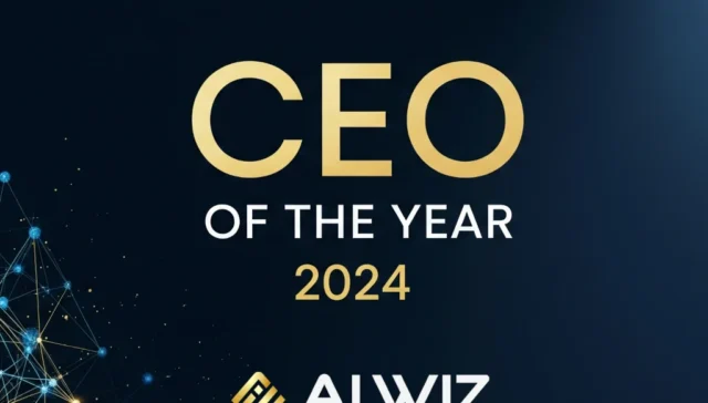 AIWIZ Digital Marketing CEO of the Year 2024 award banner featuring gold text on dark blue background with network connectivity graphics, Manchester digital marketing agency