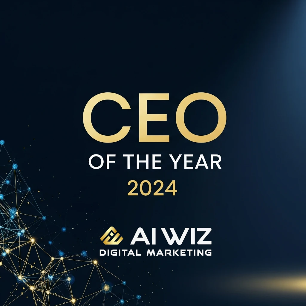 AIWIZ Digital Marketing CEO of the Year 2024 award banner featuring gold text on dark blue background with network connectivity graphics, Manchester digital marketing agency