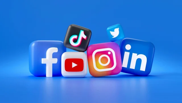 A group of social media logos, including Facebook, Instagram, LinkedIn, TikTok, Twitter, and YouTube on a blue background representing a successful social media strategy to drive business results.