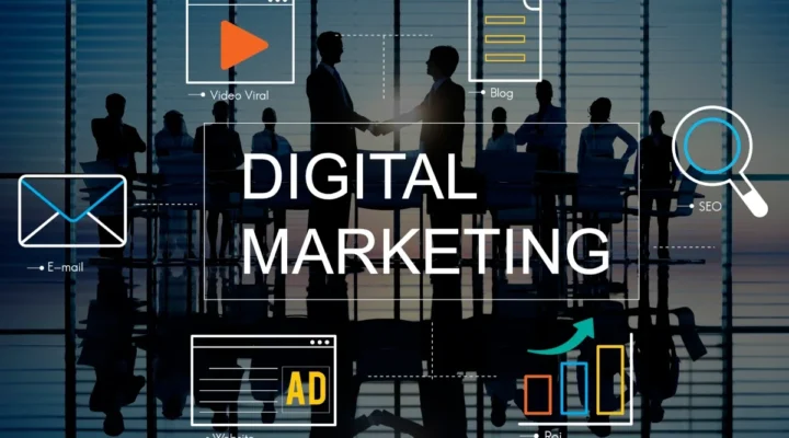 People discussing digital marketing strategies in office.