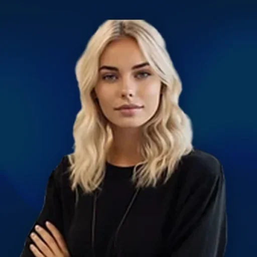 Person with blonde hair on blue background.