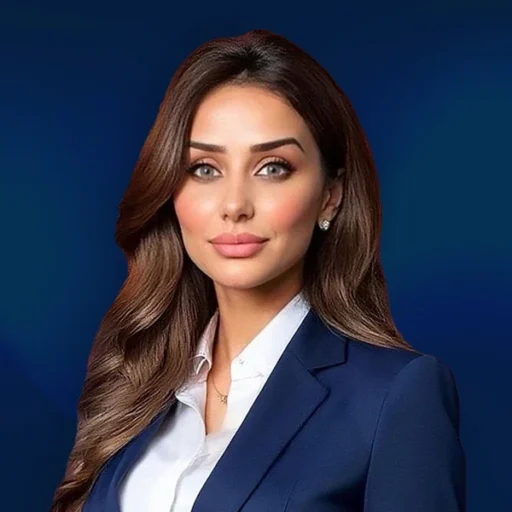 Professional woman in business attire, dark background.