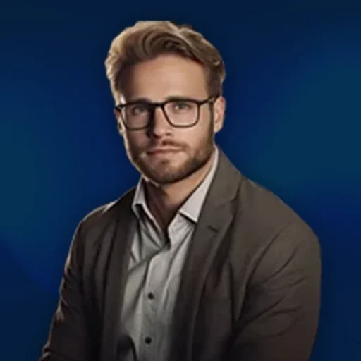 Professional portrait of Tony, Director of Content & Editorial Strategy at AIWIZ, wearing glasses and a taupe blazer against a blue background, specialising in copywriting and strategic marketing content.