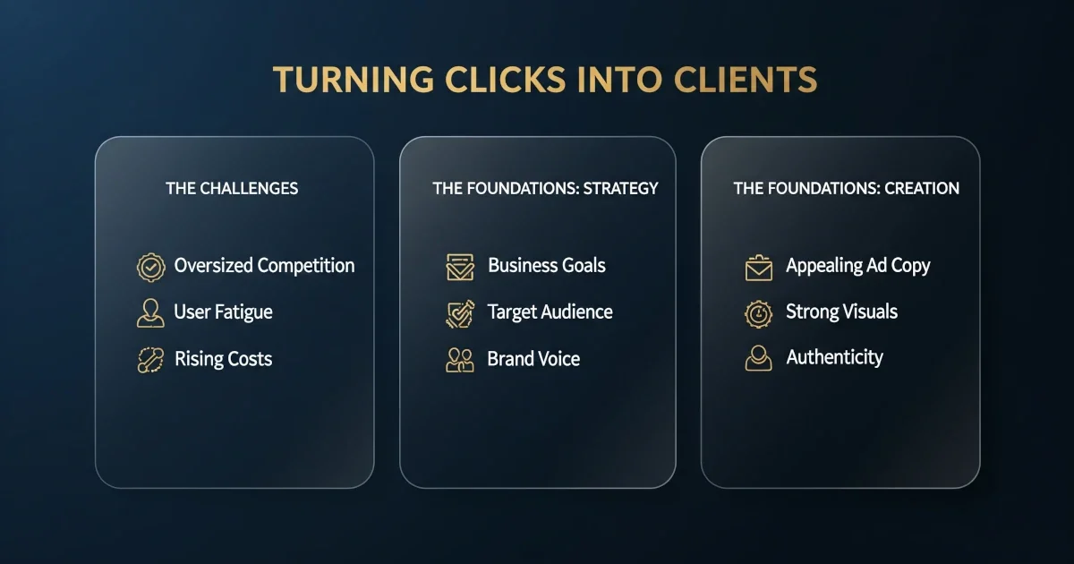 Infographic showing paid media campaign strategy including challenges like oversized competition and rising costs, foundations such as business goals and target audience, plus tips for creating click-worthy ads and client conversion tactics