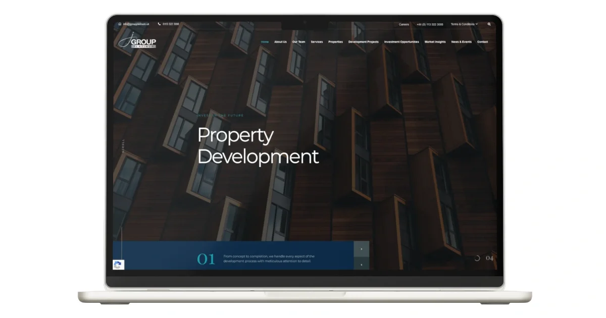 J Group Platinum custom WordPress website homepage showing modern property development web design with clean navigation and professional layout on laptop screen