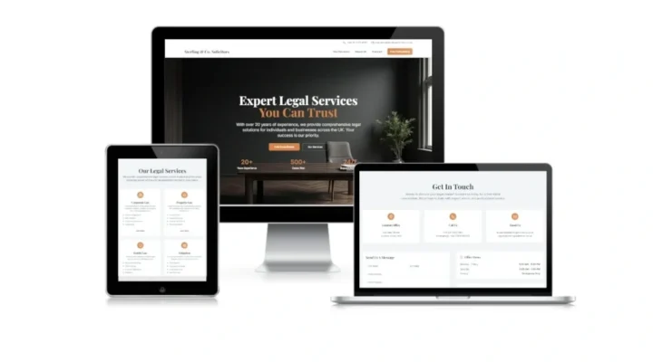 Responsive law firm website preview, showing desktop, tablet, and laptop views featuring clean UI and prominent contact elements