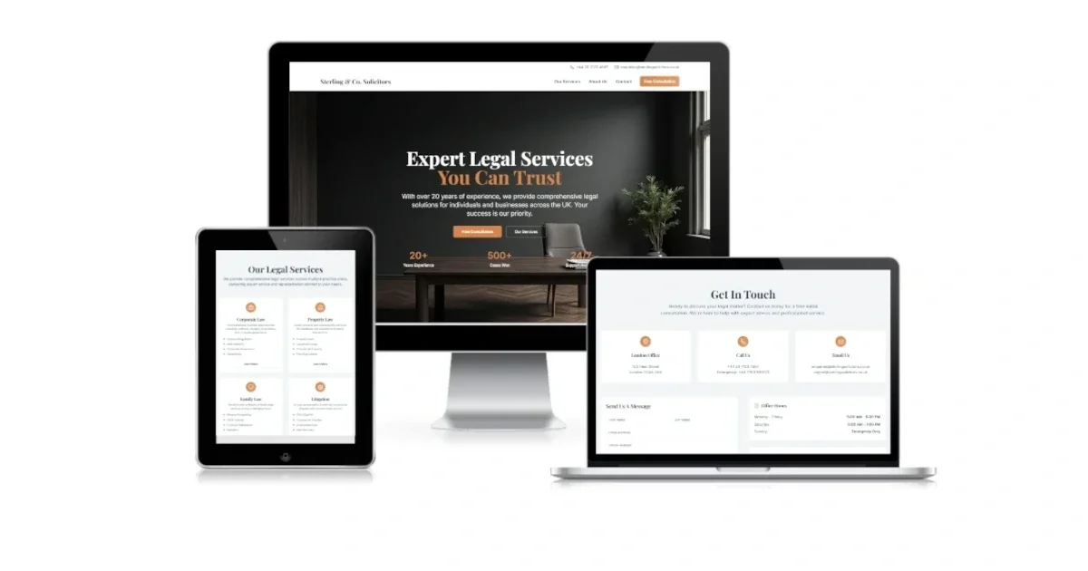 Responsive law firm website preview, showing desktop, tablet, and laptop views featuring clean UI and prominent contact elements