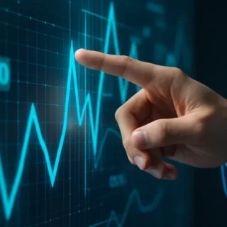 Close-up of a hand pointing to a digital marketing dashboard showing rising ROI data and performance charts