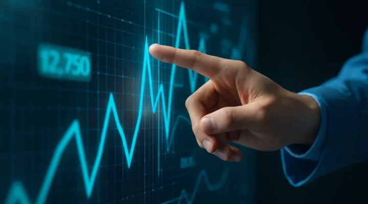 Close-up of a hand pointing to a digital marketing dashboard showing rising ROI data and performance charts