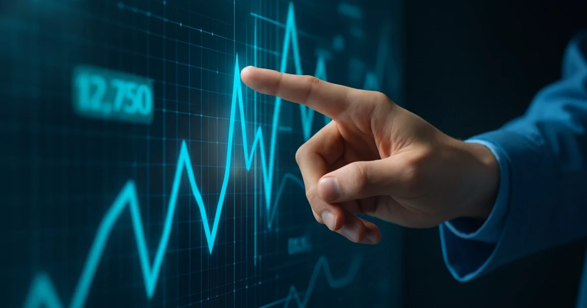 Close-up of a hand pointing to a digital marketing dashboard showing rising ROI data and performance charts