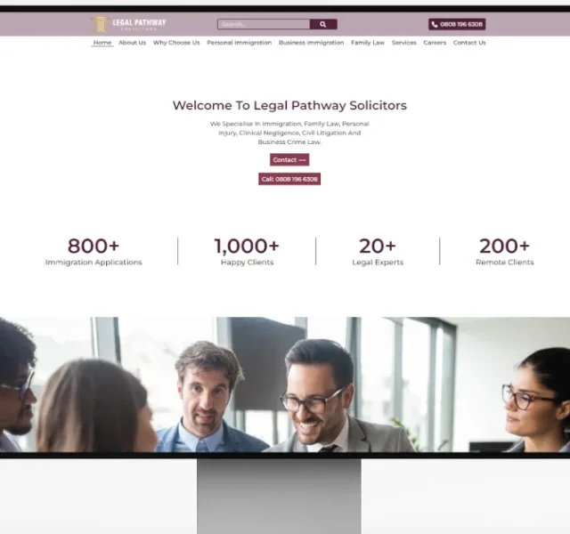 A desktop monitor showing the new website homepage for Legal Pathway Solicitors, an example of effective web design for a London law firm.
