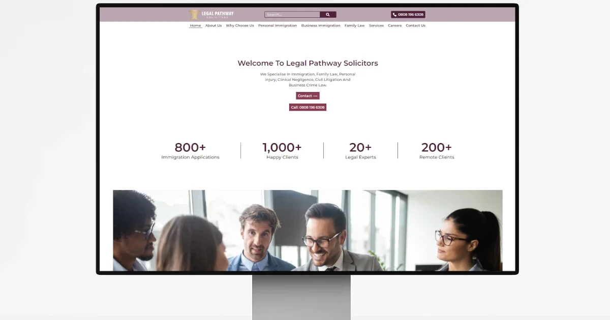 A desktop monitor showing the new website homepage for Legal Pathway Solicitors, an example of effective web design for a London law firm.