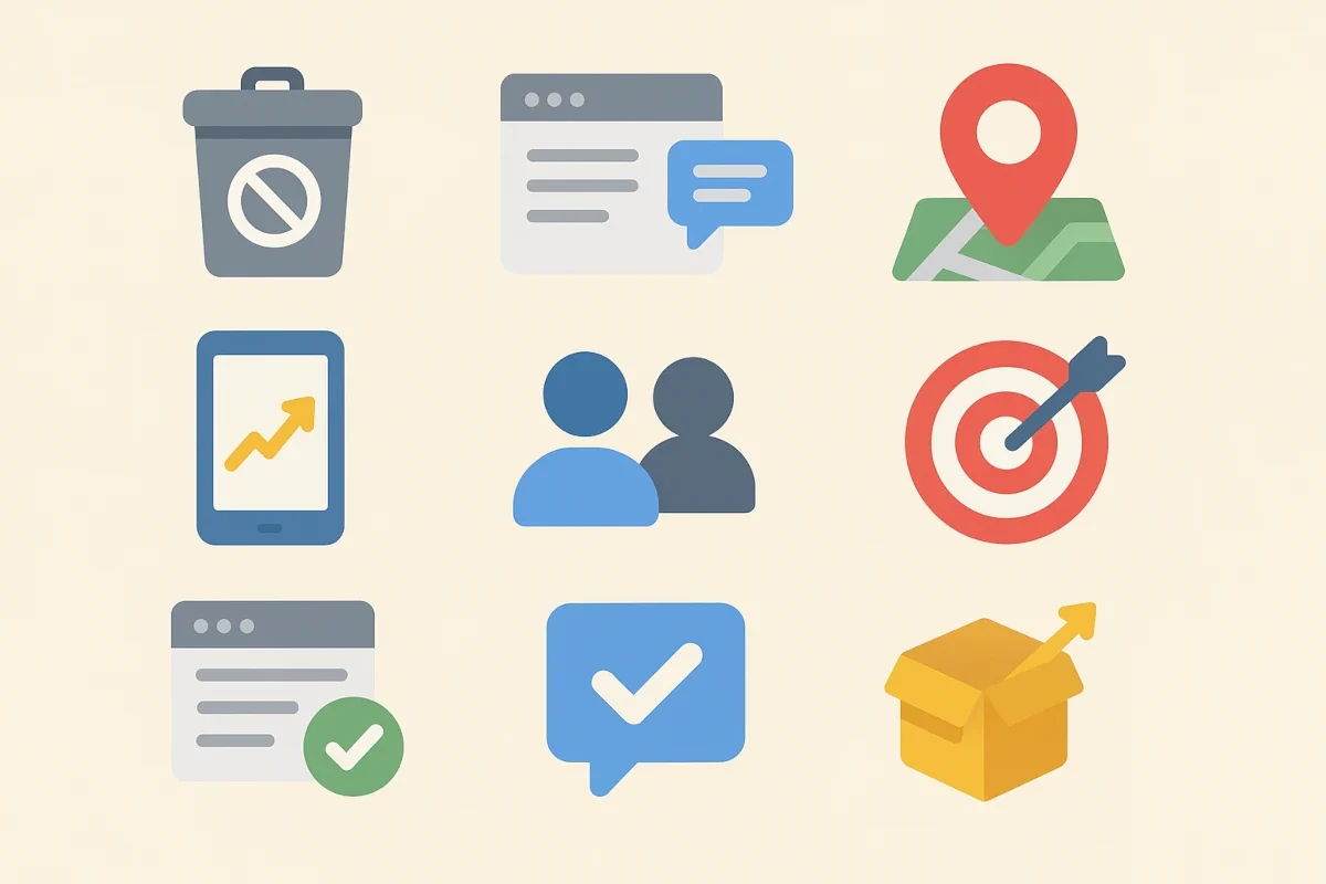 Flat illustration showing digital marketing and Google Ads update icons, representing PPC news and campaign changes in October 2025.