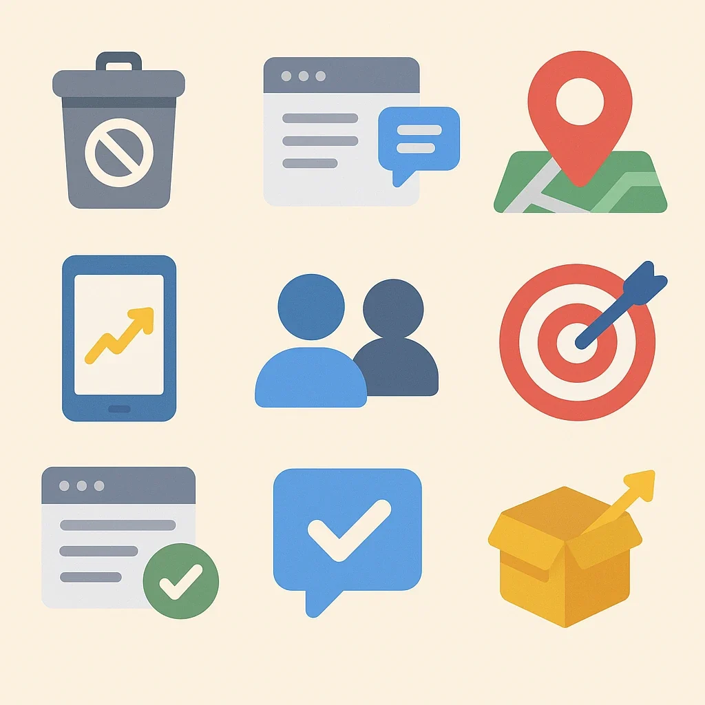 Square infographic of icons symbolising the latest Google Ads updates and PPC campaign tools released in October 2025.