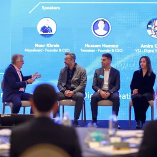 Jordan–UK Tech Connect 2025 panel in London on AI, tech talent and digital partnerships, with speakers on stage.