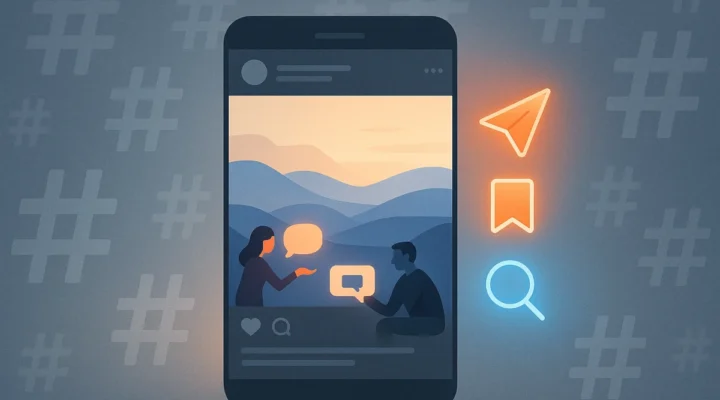 Social media post with faded hashtags and glowing share, save and search icons