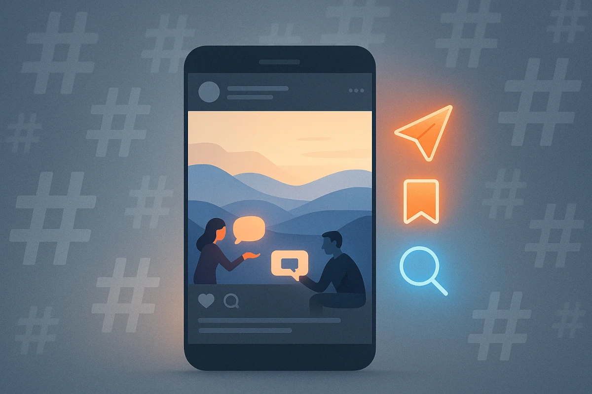 Social media post with faded hashtags and glowing share, save and search icons