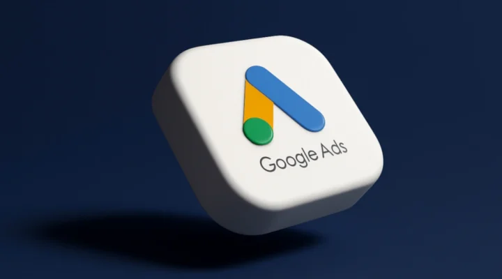 Google Ads logo, a business growth platform, on white block against blue background