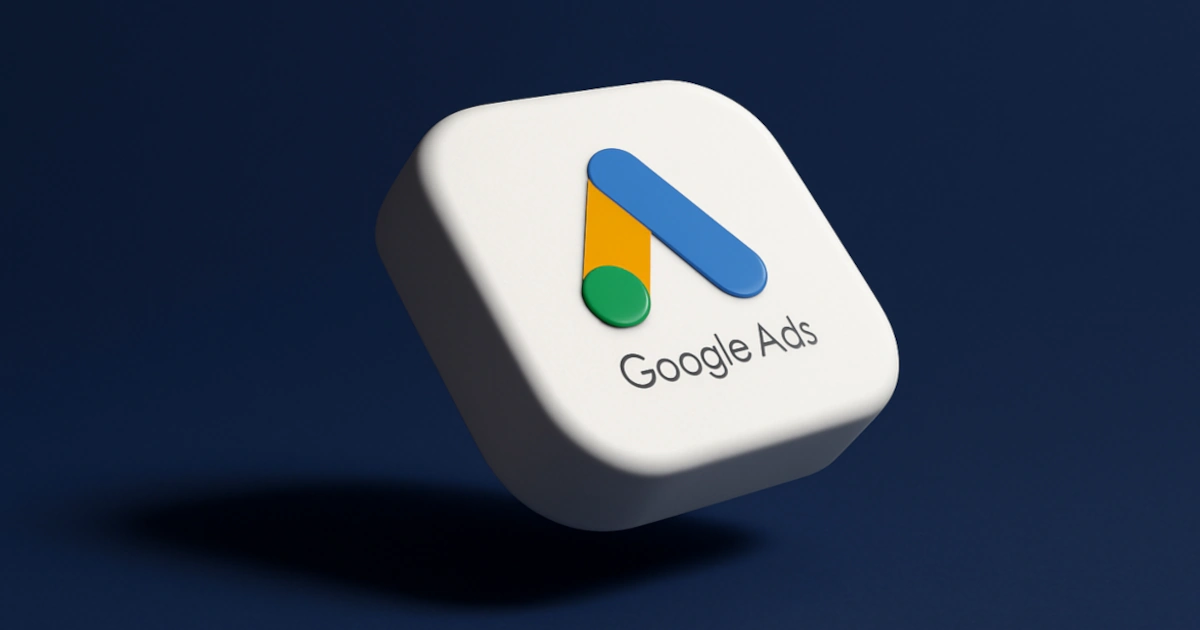 Google Ads logo, a business growth platform, on white block against blue background