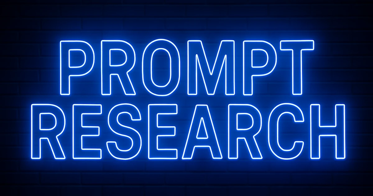 Blue neon text reading Prompt Research on a dark brick wall background