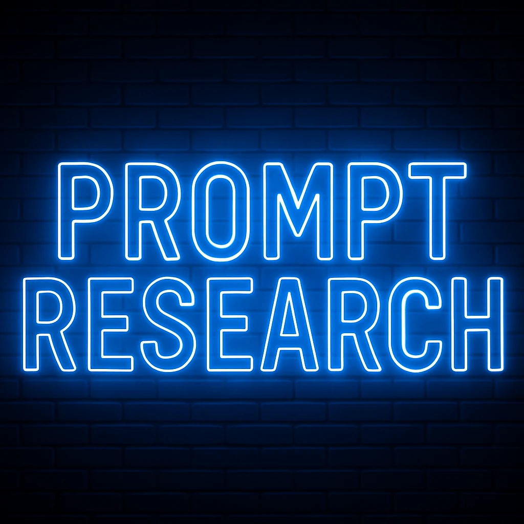 Neon sign reading Prompt Research against a dark brick wall
