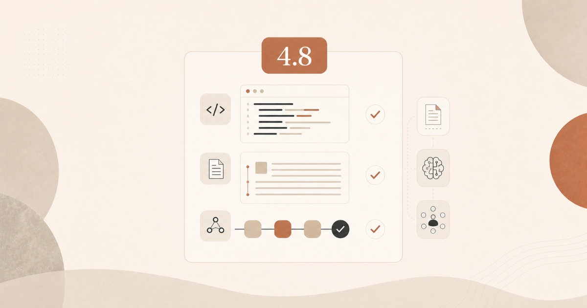 Claude Opus 4.8 shown completing coding, document and workflow tasks, each marked with a tick, beside icons for reasoning and human review.