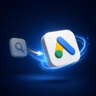 Search query icon connecting to the Google Ads logo, marking the Dynamic Search Ads to AI Max migration