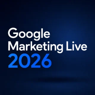 Square Google Marketing Live 2026 title graphic with white and blue typography on a dark navy background