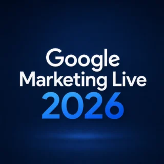 Square Google Marketing Live 2026 title graphic with white and blue typography on a dark navy background