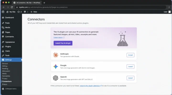 WordPress 7.0 Connectors hub showing Anthropic, Google, and OpenAI ready to install, plus the optional AI plugin promotional card