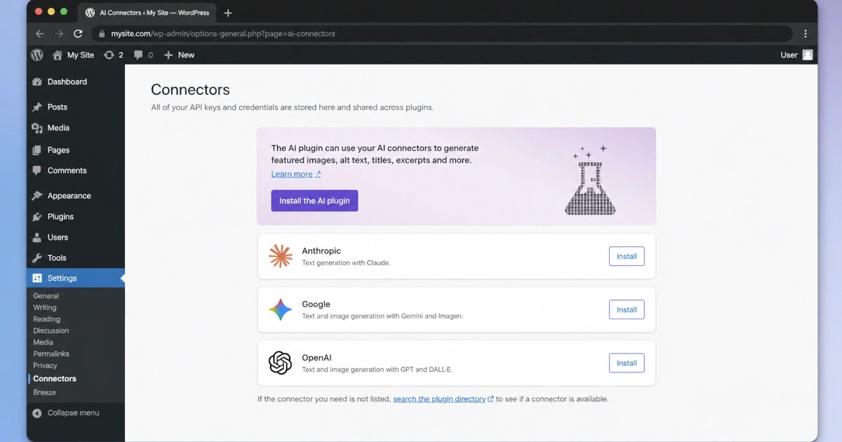 WordPress 7.0 Connectors hub showing Anthropic, Google, and OpenAI ready to install, plus the optional AI plugin promotional card