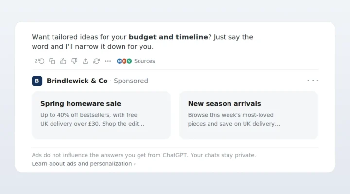 A ChatGPT sponsored ad below an answer, showing a UK homeware brand's two product cards and a note that ads don't influence ChatGPT's answers