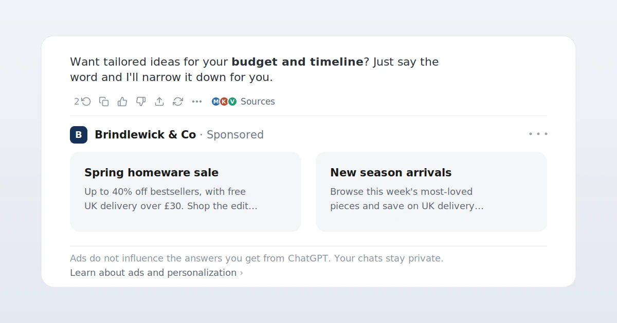 A ChatGPT sponsored ad below an answer, showing a UK homeware brand's two product cards and a note that ads don't influence ChatGPT's answers
