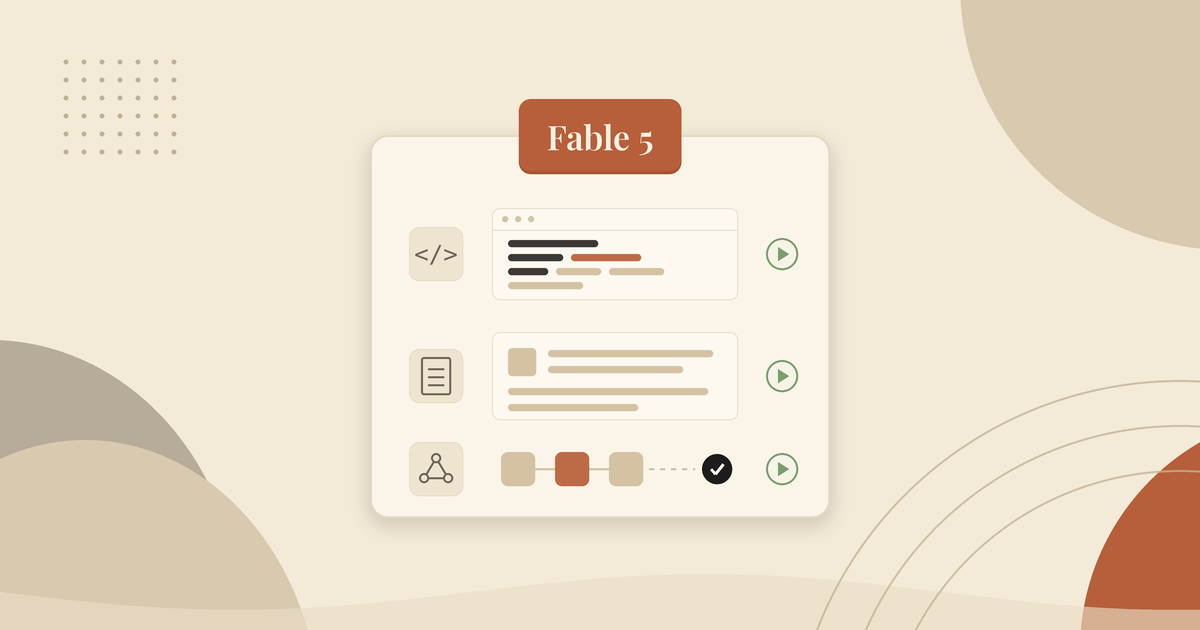 Illustration of Claude Fable 5 as an active task card, with code, document and workflow tasks running and one step marked complete, following its restoration on 1 July 2026