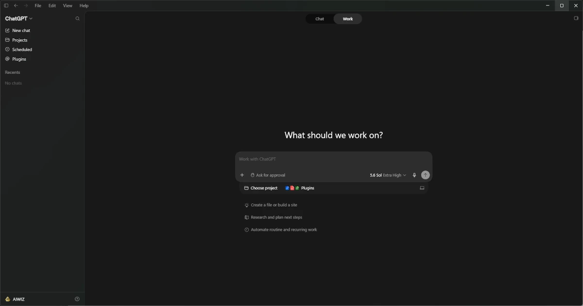 ChatGPT Work selected in the ChatGPT desktop app for Windows