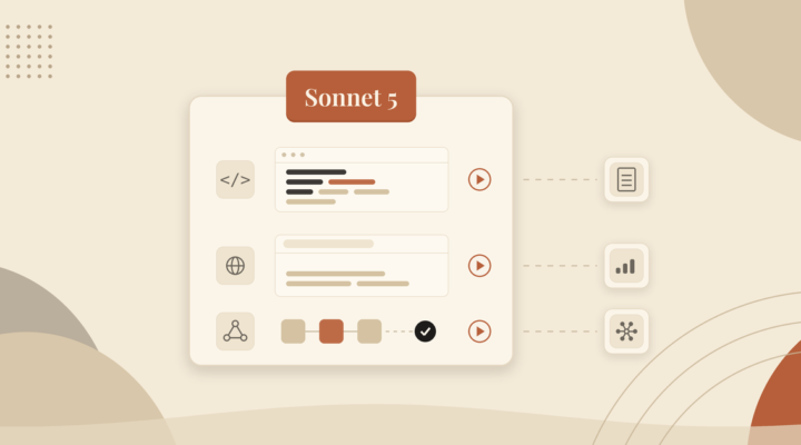 Illustration of Claude Sonnet 5 as an active task card running code, browsing and workflow tasks, with dashed lines to finished outputs including a report, a chart and an integration, following its release on 30 June 2026.