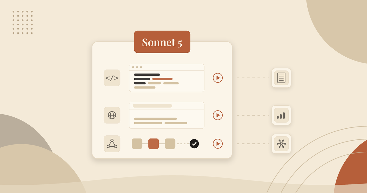 Illustration of Claude Sonnet 5 as an active task card running code, browsing and workflow tasks, with dashed lines to finished outputs including a report, a chart and an integration, following its release on 30 June 2026.
