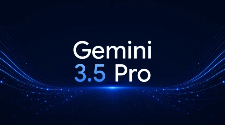 Gemini 3.5 Pro wordmark in white and blue lettering on a dark navy background streaked with flowing trails of blue light