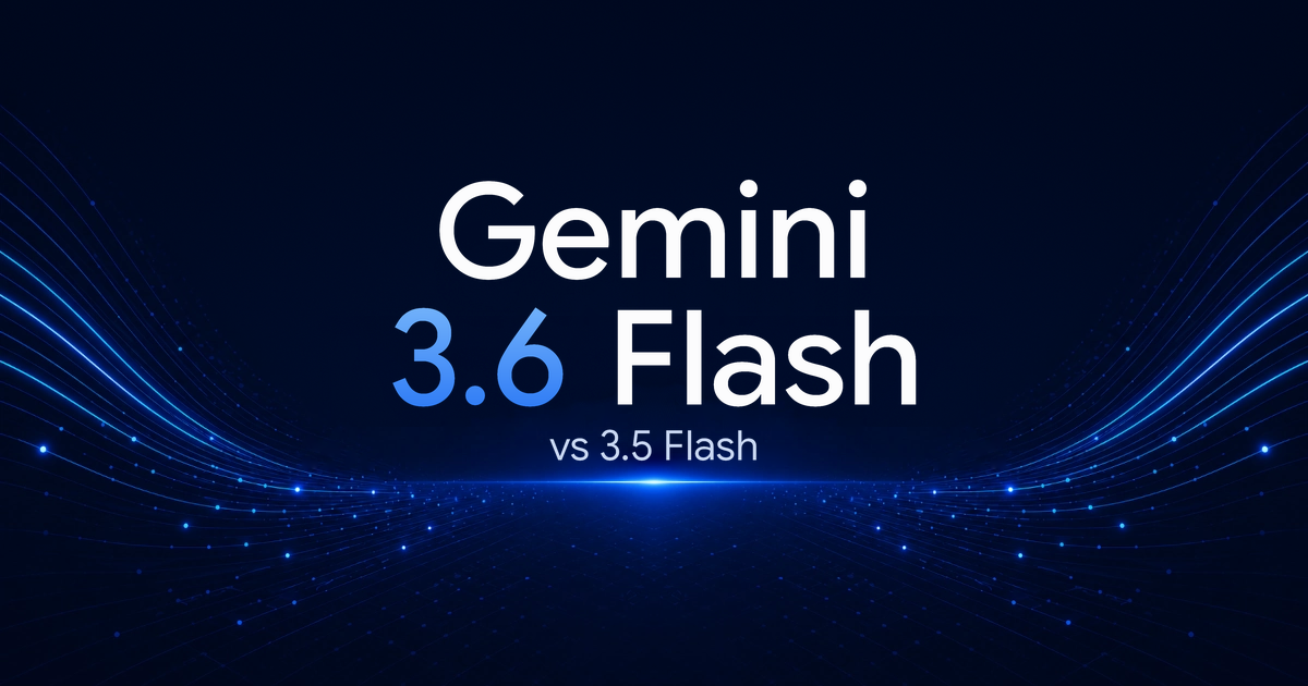 Gemini 3.6 Flash wordmark above a smaller vs 3.5 Flash line, white and blue type on a dark navy field of light trails