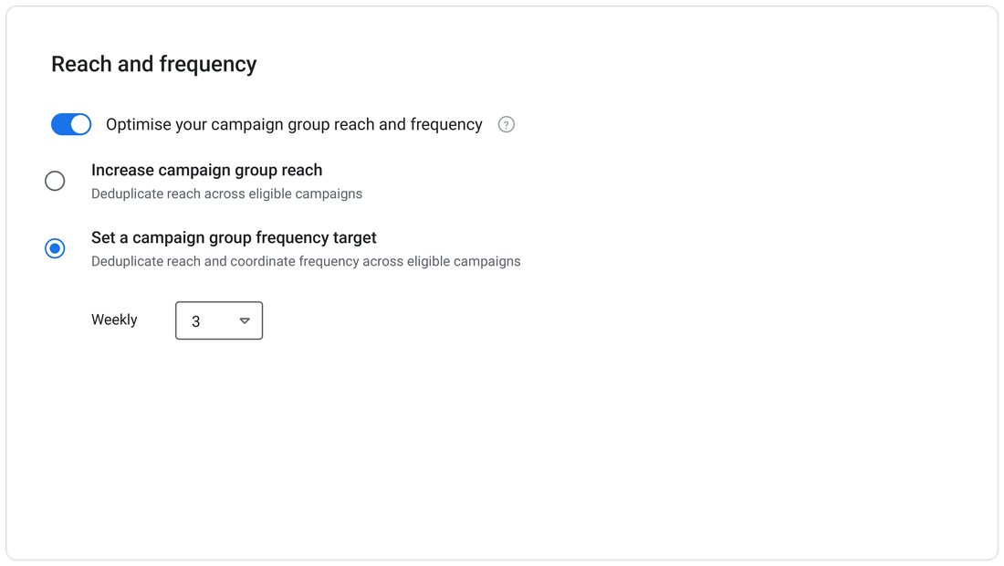 The Google Ads reach and frequency panel with a weekly campaign group frequency target set to 3