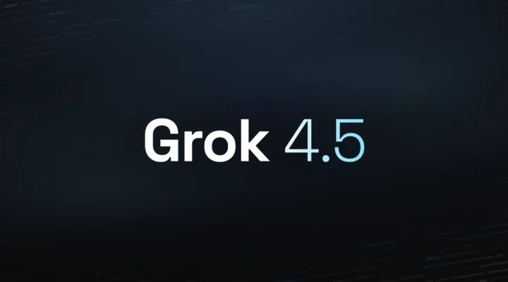 The Grok 4.5 wordmark on a dark blue field, representing the latest Grok AI model from xAI