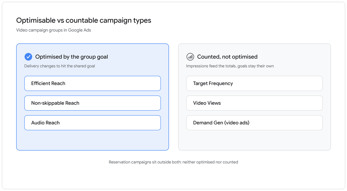 Two-column graphic splitting video campaign group subtypes into optimised types such as Efficient Reach and counted-only types such as Video Views