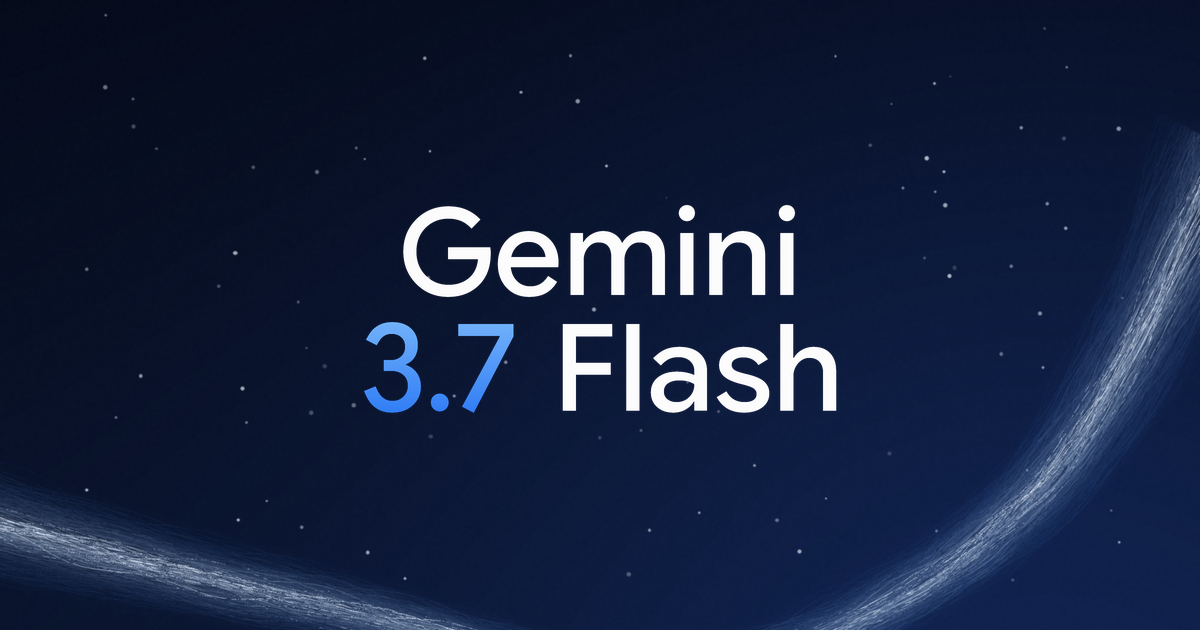 Gemini 3.7 Flash wordmark in white and blue type on a dark navy background, crossed by a rising stream of fine light fibres