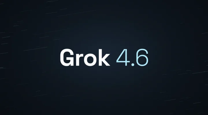Grok 4.6 wordmark on the SpaceXAI launch graphic.