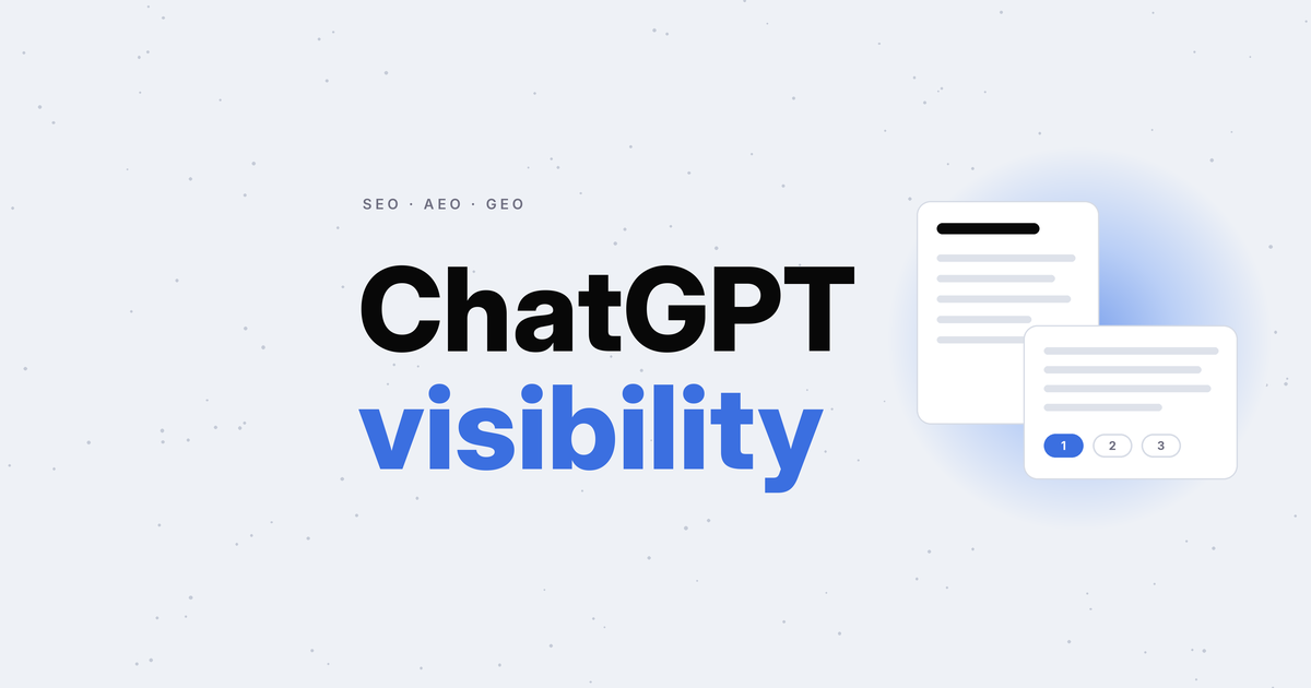 ChatGPT visibility in bold black and blue type under SEO, AEO and GEO, beside an answer card citing a web page