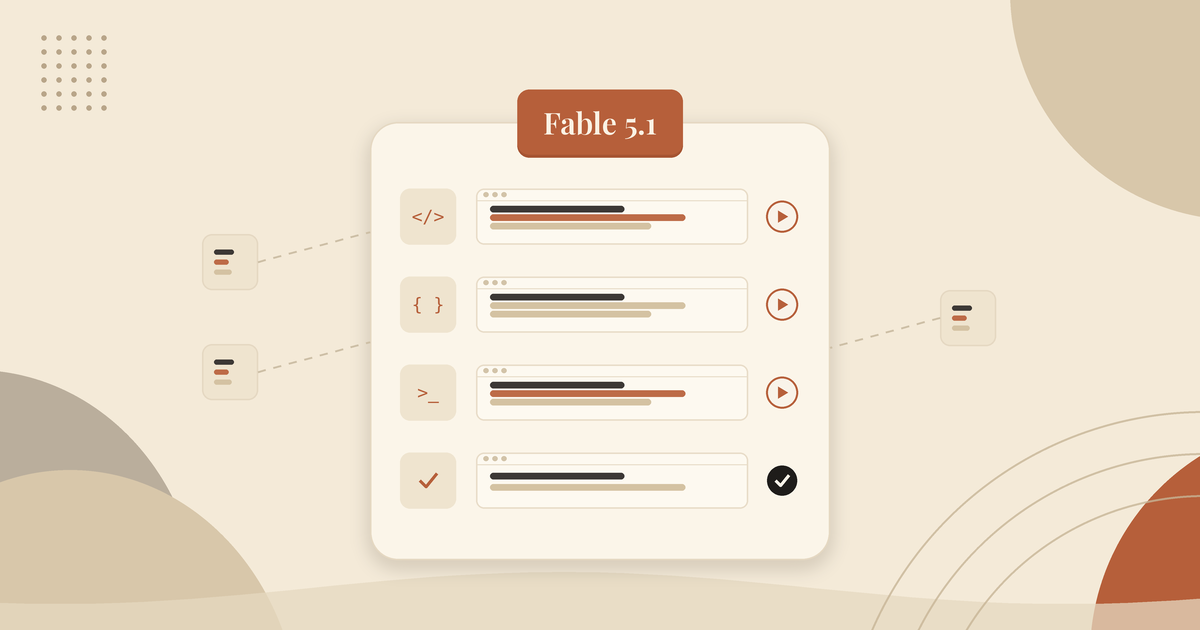 Conceptual graphic illustrating Fable 5.1 coding and execution workflow.