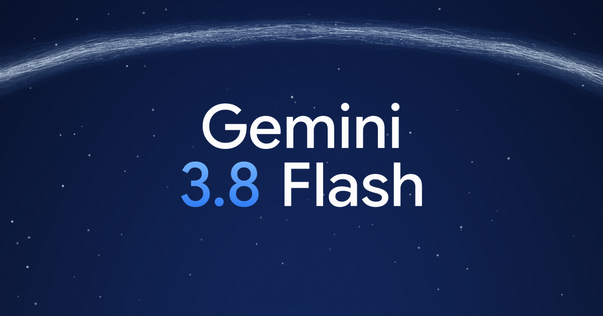 Gemini 3.8 Flash set in white and gradient blue against a deep navy field, beneath a single arc of pale light