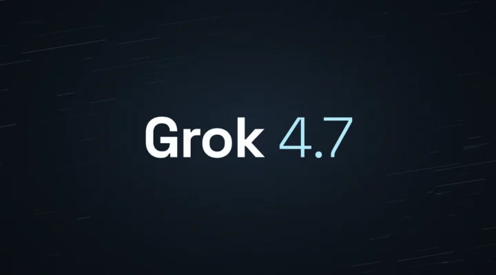 Grok 4.7 wordmark in white and pale blue on a dark background with faint diagonal streaks.