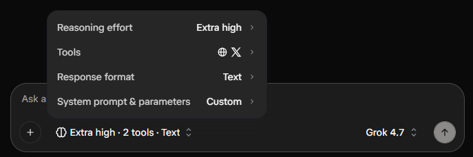 SpaceXAI Chat API prompt with Grok 4.7 selected and its reasoning, tools and response-format settings open.